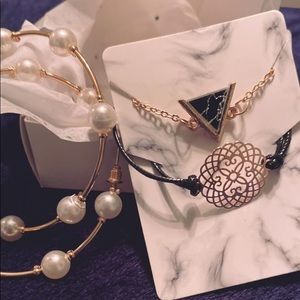 Pearl hoop earrings and two chain bracelets